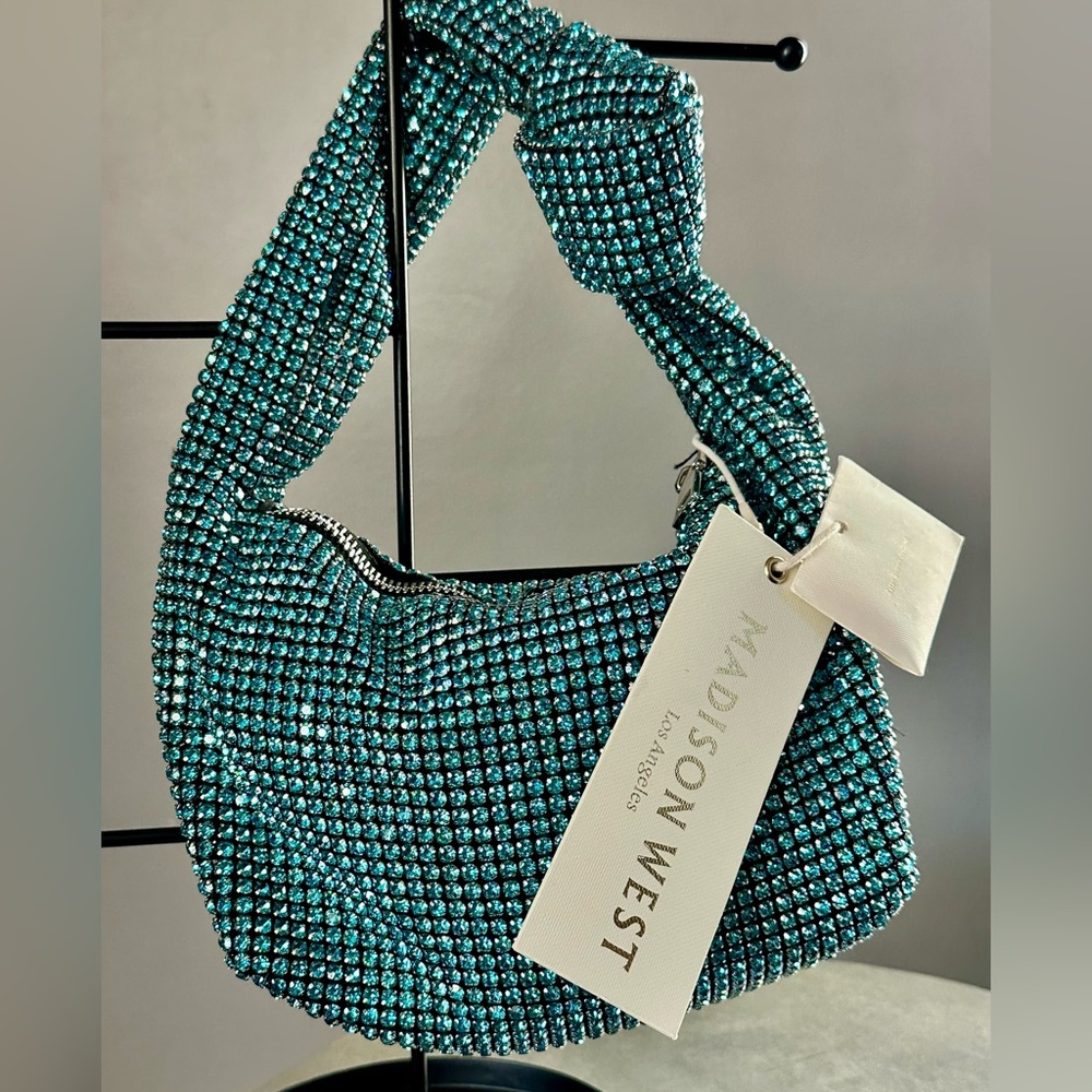 NWT Madison Weat Los Angeles Aqua Blue Color Crystal Purse, Bling Handbag